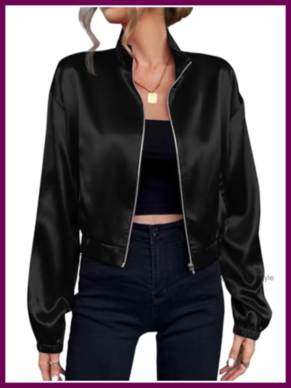 Satin Bomber Jacket Lightweight Drop Shoulder Zip Up Casual Outerwear
